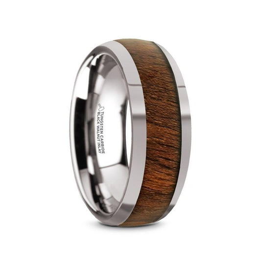 JUGLAN Tungsten Carbide Polished Finish Men's Domed Wedding Ring with Exotic Black Walnut Wood Inlay - 8mm - Thorsten Rings
