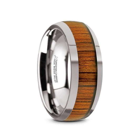 KAMEHA Tungsten Domed Profile Polished Finish Men's Wedding Ring with Koa Wood Inlay - 8mm - Thorsten Rings