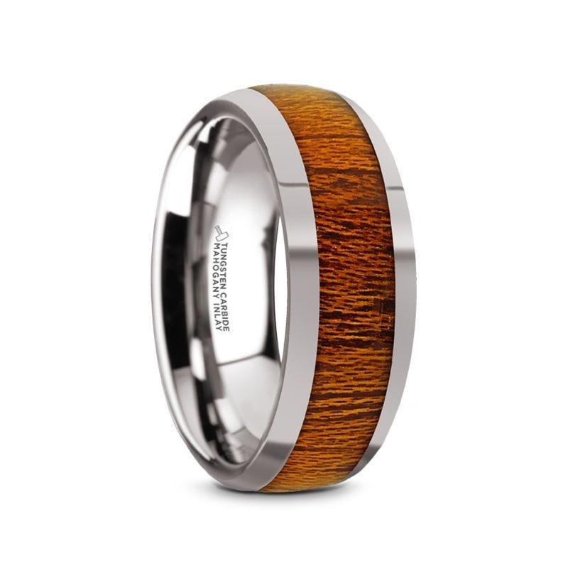 SWIETENIA Tungsten Carbide Mahogany Wood Inlay Men's Domed Wedding Ring with Polished Finish - 8mm - Thorsten Rings