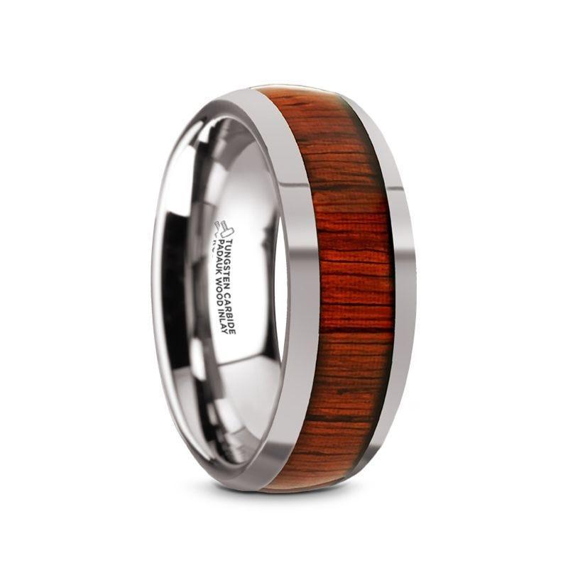 MUKWA Tungsten Carbide Polished Finish Men's Domed Wedding Band with Padauk Wood Inlay - 8mm - Thorsten Rings