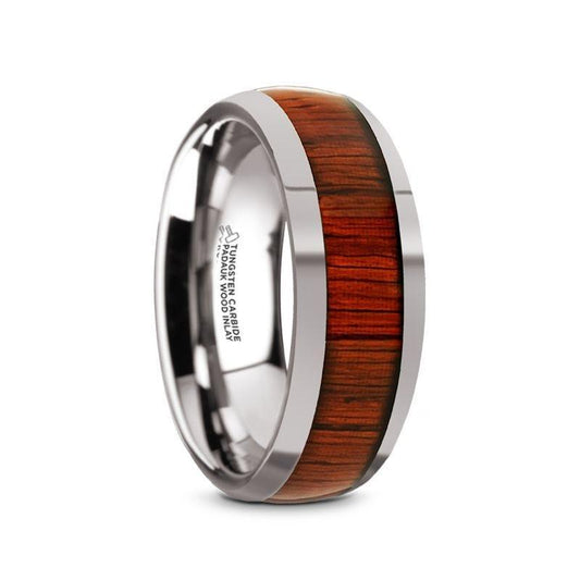 MUKWA Tungsten Carbide Polished Finish Men's Domed Wedding Band with Padauk Wood Inlay - 8mm - Thorsten Rings