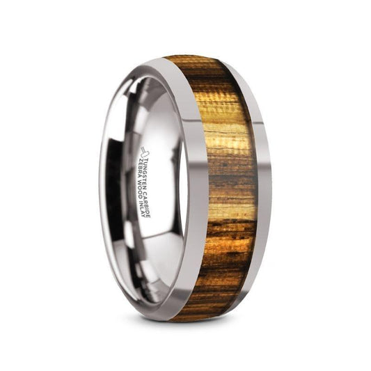 TIGRE Tungsten Carbide Polished Finish Men's Domed Wedding Band with Zebra Wood Inlay - 8mm - Thorsten Rings