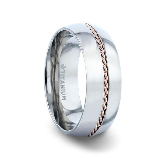 CONDUCTOR Titanium Domed Polished Wedding Ring With 14k Rose Gold Braided Inlay - 8mm - Thorsten Rings