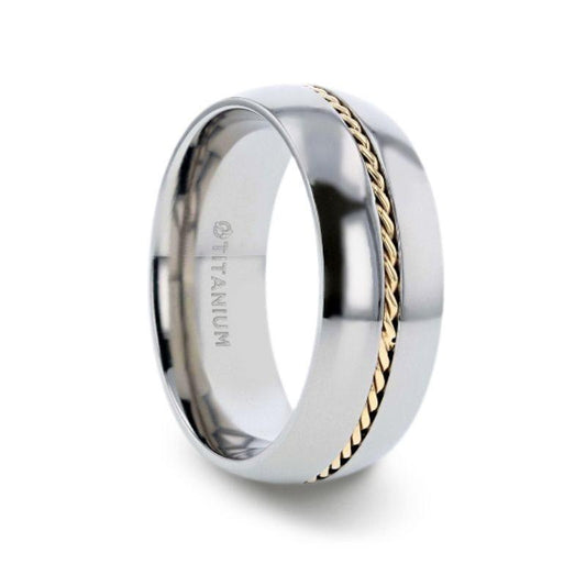 CHRISTIAN Titanium Domed Polished Men 's Wedding Ring With 14k Yellow Gold Braided Inlay - 8mm - Thorsten Rings