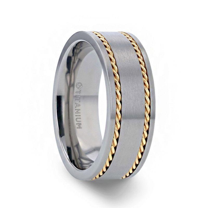 FERDINAND Titanium Brushed Finish Flat Men's Wedding Ring With 14K Yellow Gold Dual Braided Inlay - 8mm - Thorsten Rings