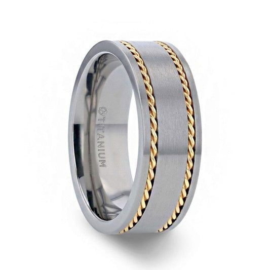 FERDINAND Titanium Brushed Finish Flat Men's Wedding Ring With 14K Yellow Gold Dual Braided Inlay - 8mm - Thorsten Rings