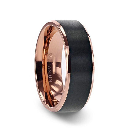 STEPHEN Rose Gold Plated Black Titanium Flat Brushed Center Men's Wedding Ring With Beveled Polished Edges - 6mm & 8mm - Thorsten Rings