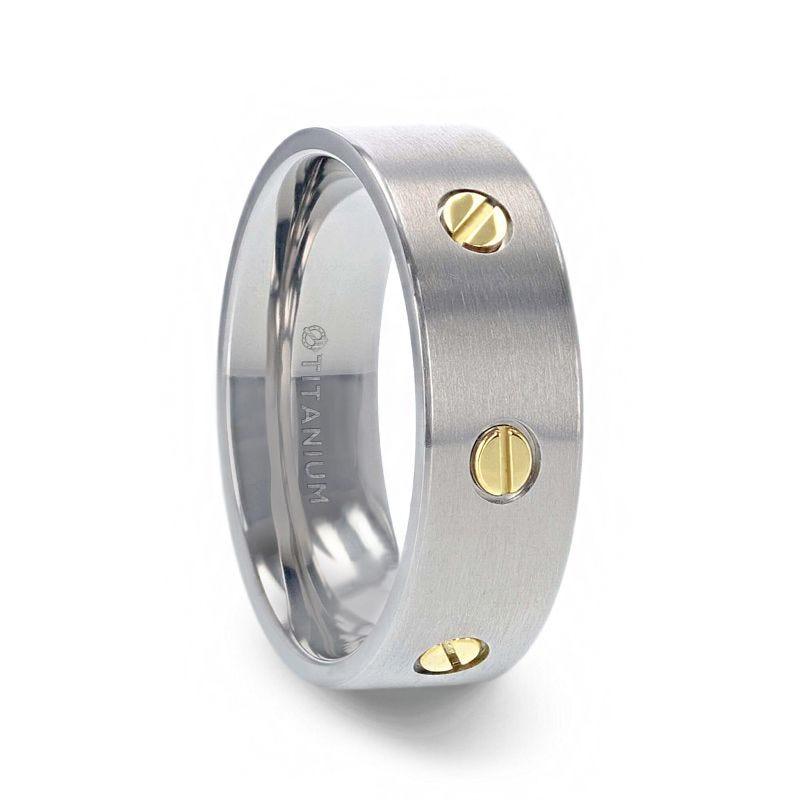 RESOLUTE Titanium Flat Brushed Finish Men's Wedding Ring With Rotating Screw Design - 8mm - Thorsten Rings