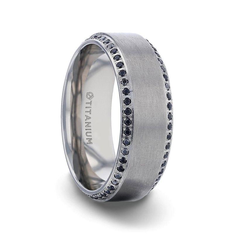 CHAMPION Flat Brushed Center Titanium Men's Wedding Band with Black Sapphire Polished Beveled Edges - 8mm - Thorsten Rings