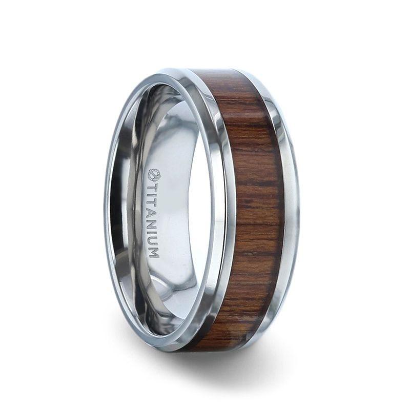 TECTON Teak Wood Inlaid Flat Polished Finish Titanium Men's Wedding Ring With Beveled Edges - 8mm - Thorsten Rings