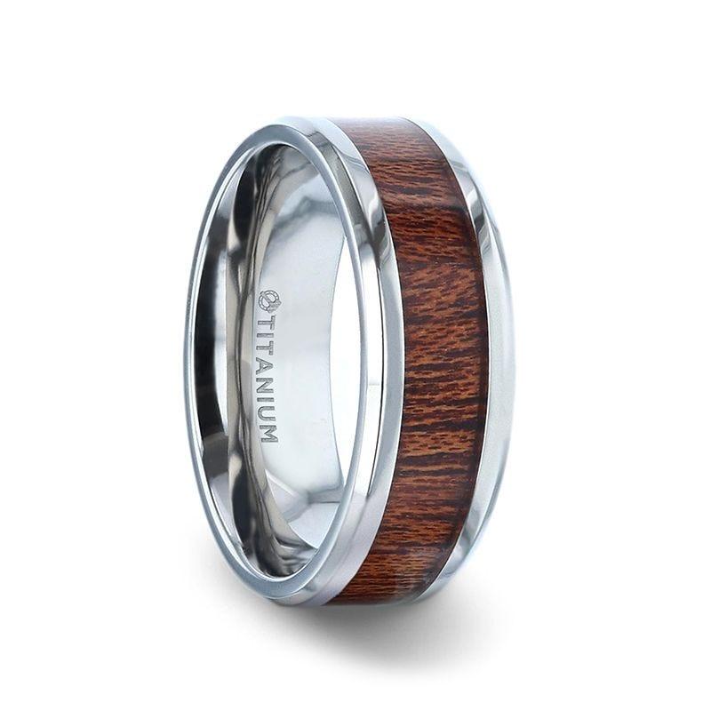MELIA Mahogany Wood Inlaid Titanium Flat Polished Finish Men's Wedding Ring With Beveled Edges - 8mm - Thorsten Rings