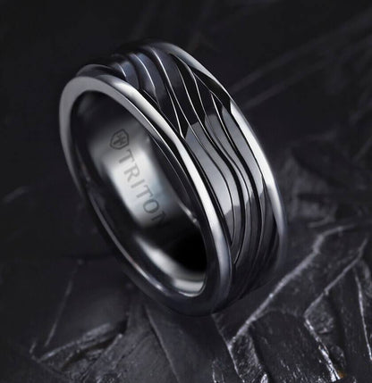 8MM Grey Tungsten Carbide Ring - Wave Black Titanium Insert with Round Edge