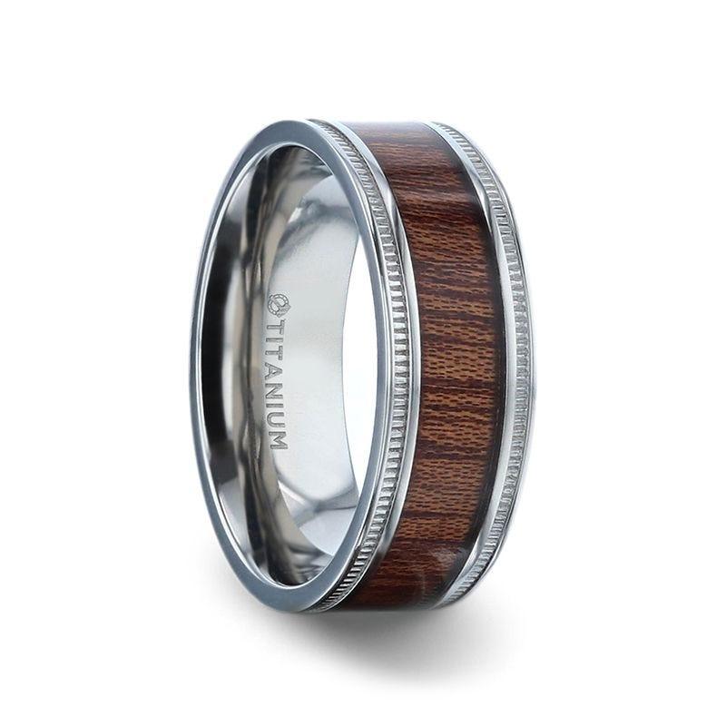 MOCHA Koa Wood Inlaid Titanium Men's Wedding Ring With Polished Milgrain Edges - 8mm - Thorsten Rings