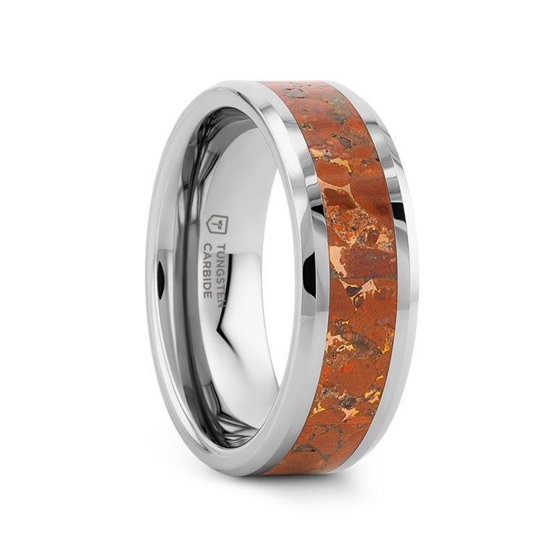 CROWN Tungsten Carbide ring with Beveled Edges and Orange Copper Conglomerate Inlay - 8mm - Thorsten Rings