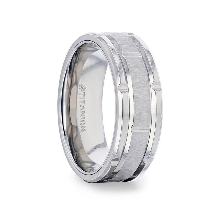 WARRICK Alternating Grooves And Horizontal Etched Finish Titanium Men's Wedding Band with Alternating Grooved Beveled Polished Edges - 8mm - Thorsten Rings