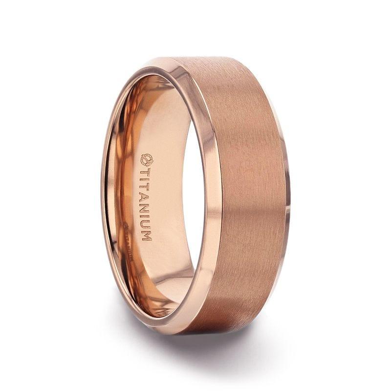 GLORY Rose Gold Plated Brushed Finish Center Titanium Men's Wedding Band With Polished Beveled Edges - 8mm - Thorsten Rings