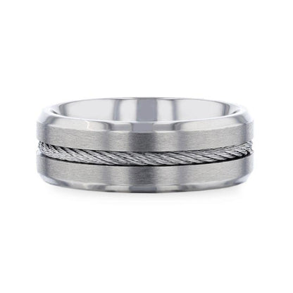 ALBERT Steel Cable Inlaid Brushed Center Titanium Men's Wedding Band With Beveled Polished Edges - 8mm