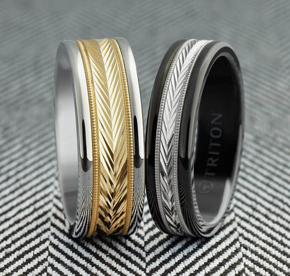 6MM White Tungsten Carbide Ring - Herringbone 14K Yellow Gold Insert with Round Edge