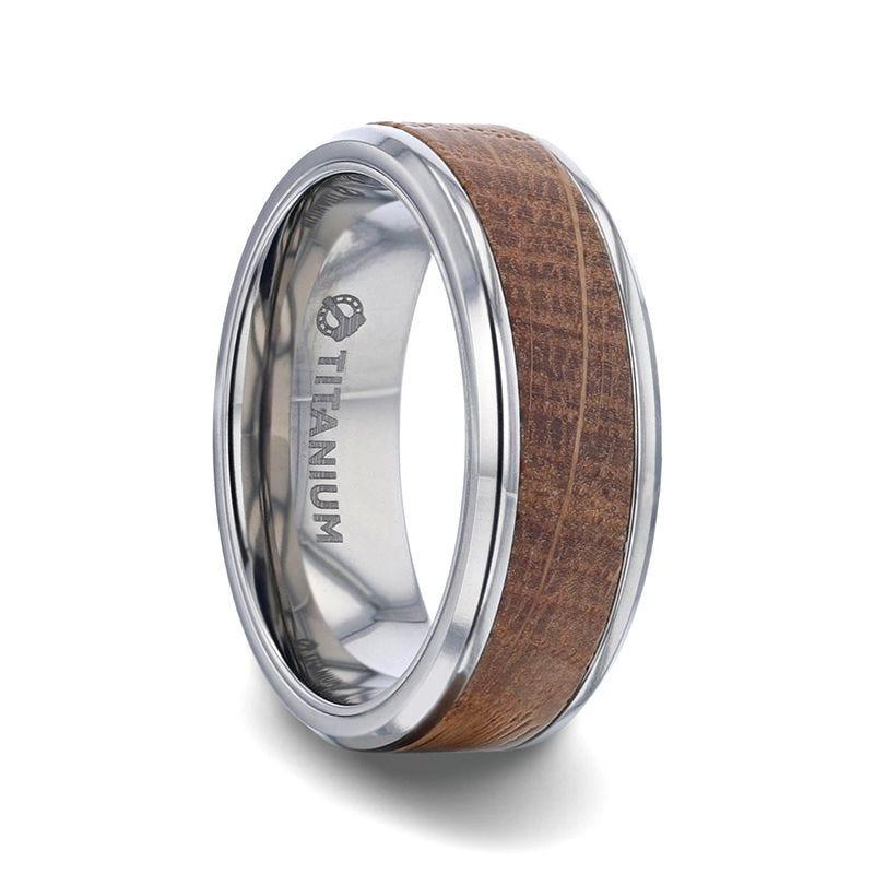 CASK Whiskey Barrel Inlaid Titanium Men's Wedding Band With Beveled Polished Edges Made From Genuine Whiskey Barrels - 8mm - Thorsten Rings