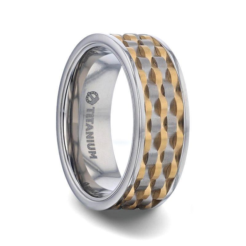 MONTROSE Wavy Gold And Gunmetal Texture Pattern Inlaid Titanium Men's Wedding Band With Flat Polished Profile - 8mm - Thorsten Rings