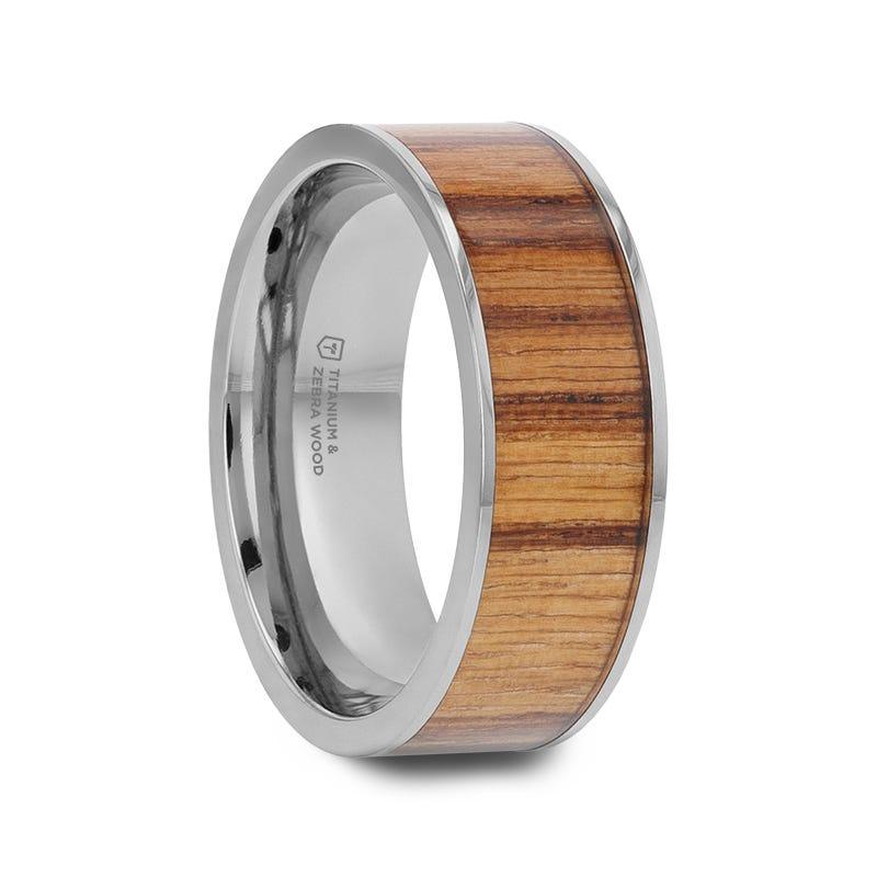 LAMAR Zebrawood Inlaid Flat Titanium Men's Wedding Band With Flat Polished Edges - 8mm - Thorsten Rings