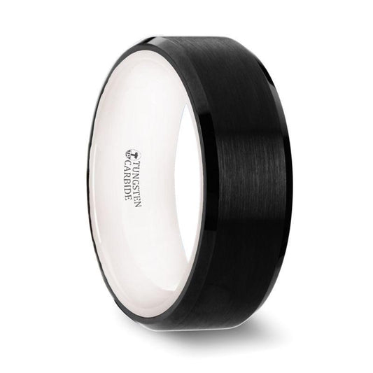 SIGMA Black Tungsten Brushed Center Men's Wedding Band with Polished Beveled Edges & White Interior - 8mm - Thorsten Rings