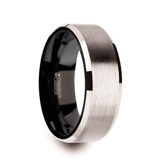 VEGA White Tungsten Brushed Center Men's Wedding Ring with Polished Beveled Edges & Black Interior - 8mm - Thorsten Rings
