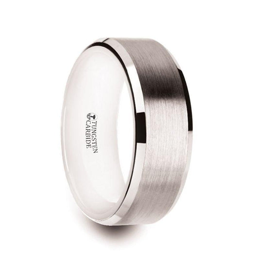 ANTARES White Tungsten Brushed Center Men's Wedding Ring with Polished Beveled Edges & White Interior - 8mm - Thorsten Rings