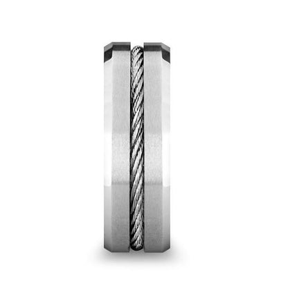 LANNISTER Men's Tungsten Flat Wedding Band with Steel Wire Cable Inlay & Beveled Edges - 8mm
