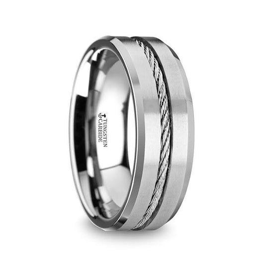 LANNISTER Men's Tungsten Flat Wedding Band with Steel Wire Cable Inlay & Beveled Edges - 8mm - Thorsten Rings