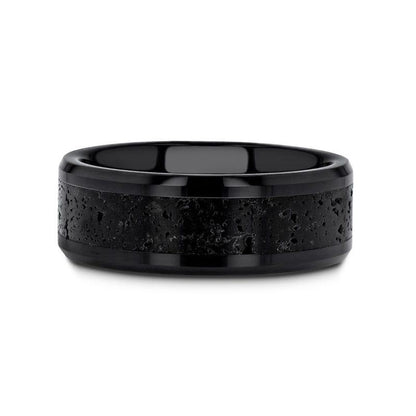 VESUVIUS Men's Polished Black Ceramic Wedding Band with Black & Gray Lava Rock Stone Inlay & Polished Beveled Edges - 6mm & 8mm