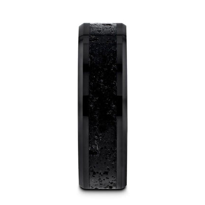 VESUVIUS Men's Polished Black Ceramic Wedding Band with Black & Gray Lava Rock Stone Inlay & Polished Beveled Edges - 6mm & 8mm