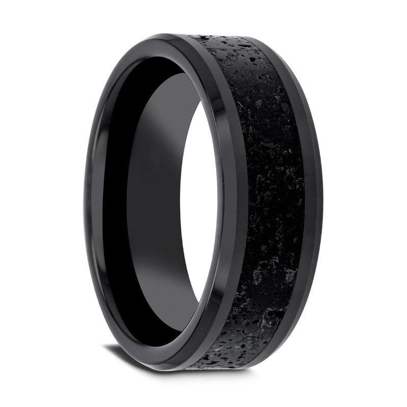 VESUVIUS Men's Polished Black Ceramic Wedding Band with Black & Gray Lava Rock Stone Inlay & Polished Beveled Edges - 6mm & 8mm - Thorsten Rings