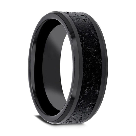 VESUVIUS Men's Polished Black Ceramic Wedding Band with Black & Gray Lava Rock Stone Inlay & Polished Beveled Edges - 6mm & 8mm - Thorsten Rings
