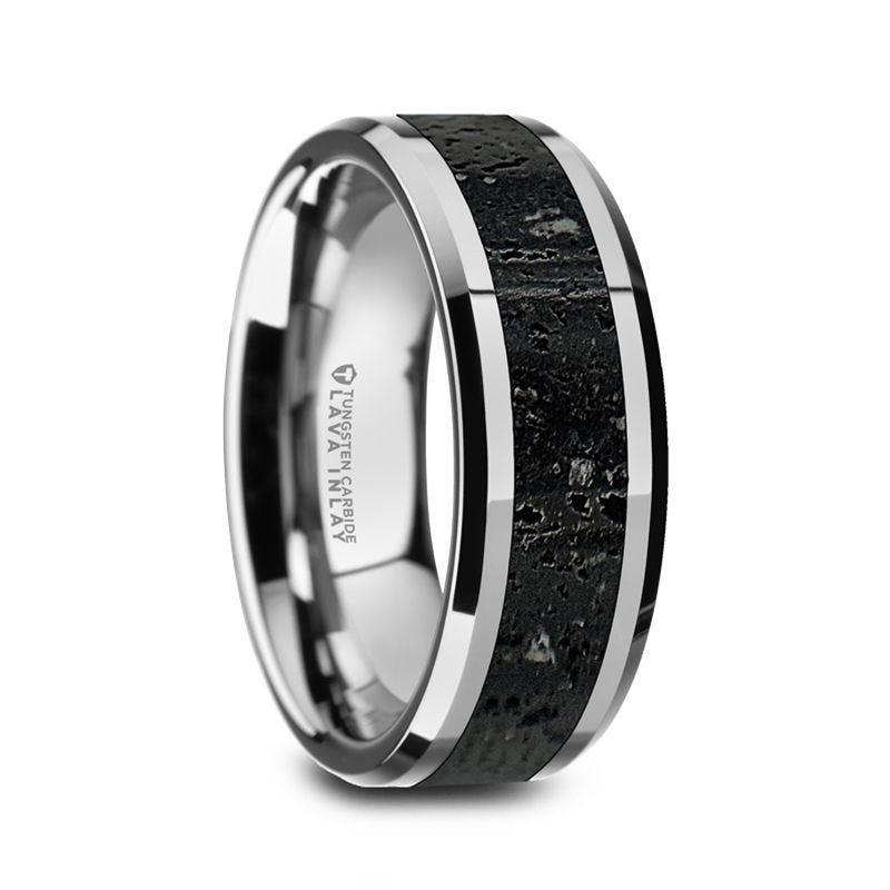 KILAUEA Men's Polished Tungsten Wedding Band with Black & Gray Lava Rock Stone Inlay & Polished Beveled Edges - 8mm - Thorsten Rings
