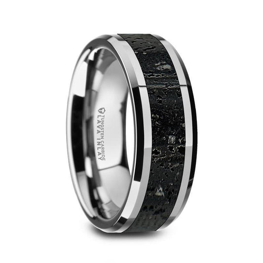 KILAUEA Men's Polished Tungsten Wedding Band with Black & Gray Lava Rock Stone Inlay & Polished Beveled Edges - 8mm - Thorsten Rings
