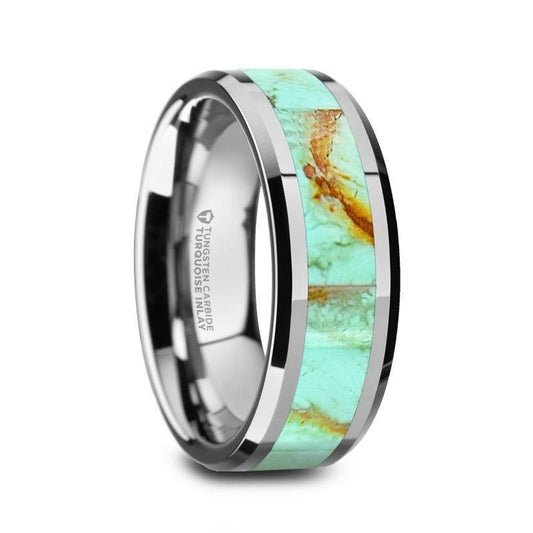 PIERRE Men's Polished Tungsten Wedding Band with Light Blue Turquoise Stone Inlay & Polished Beveled Edges - 8mm - Thorsten Rings