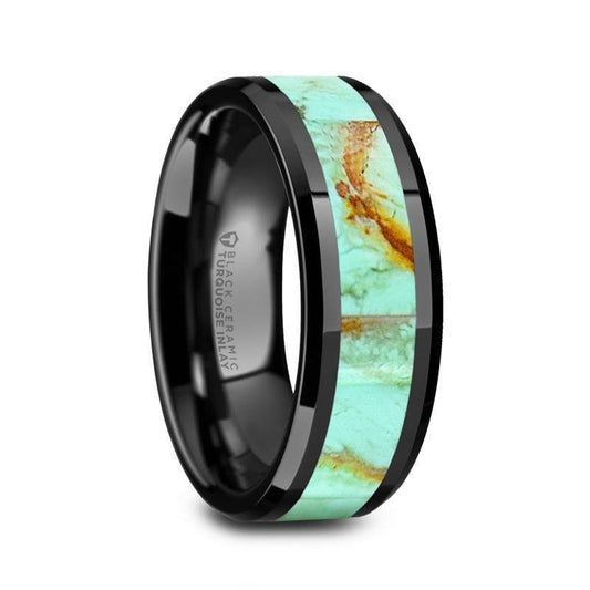 PIETRO Men's Polished Black Ceramic Wedding Band with Light Blue Turquoise Stone Inlay & Polished Beveled Edges - 8mm - Thorsten Rings