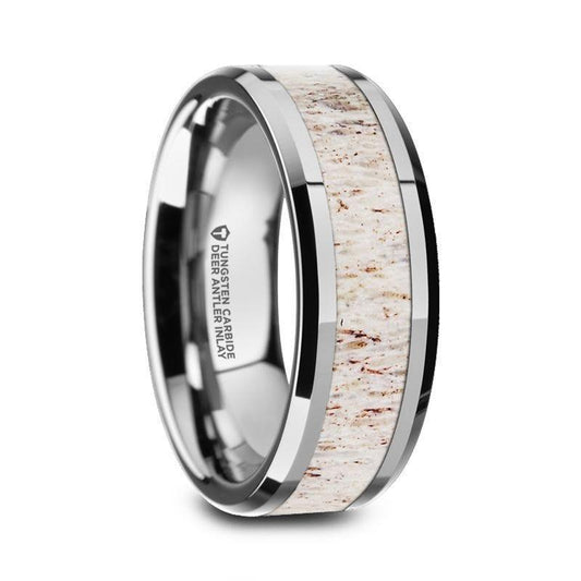 WHITETAIL Polished Beveled Tungsten Carbide Men's Wedding Band with Off-White Deer Antler Inlay - 8mm - Thorsten Rings