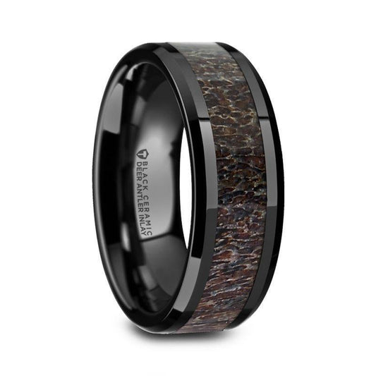 TINE Black Ceramic Polished Beveled Men's Wedding Band with Dark Brown Antler Inlay - 6mm & 8mm - Thorsten Rings