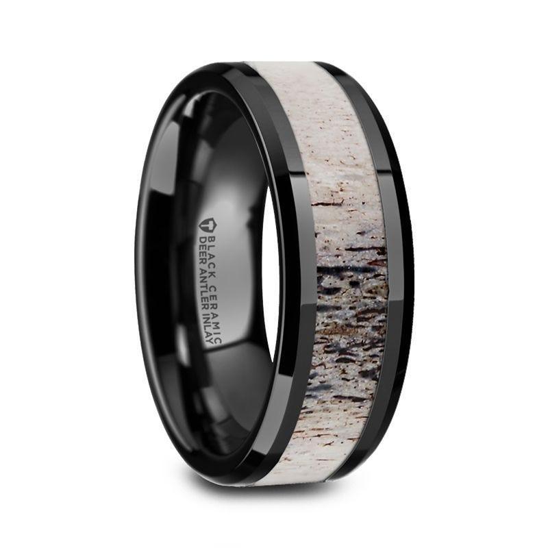 TRES Beveled Black Ceramic Polished Men's Wedding Band with Ombre Antler Inlay - 8mm - Thorsten Rings