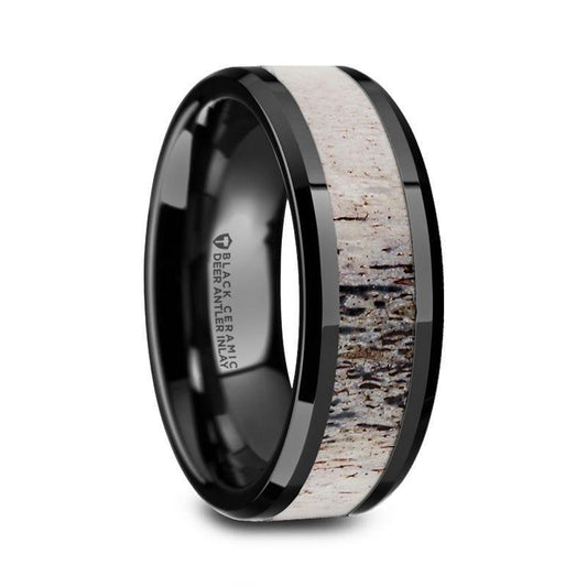 TRES Beveled Black Ceramic Polished Men's Wedding Band with Ombre Antler Inlay - 8mm - Thorsten Rings