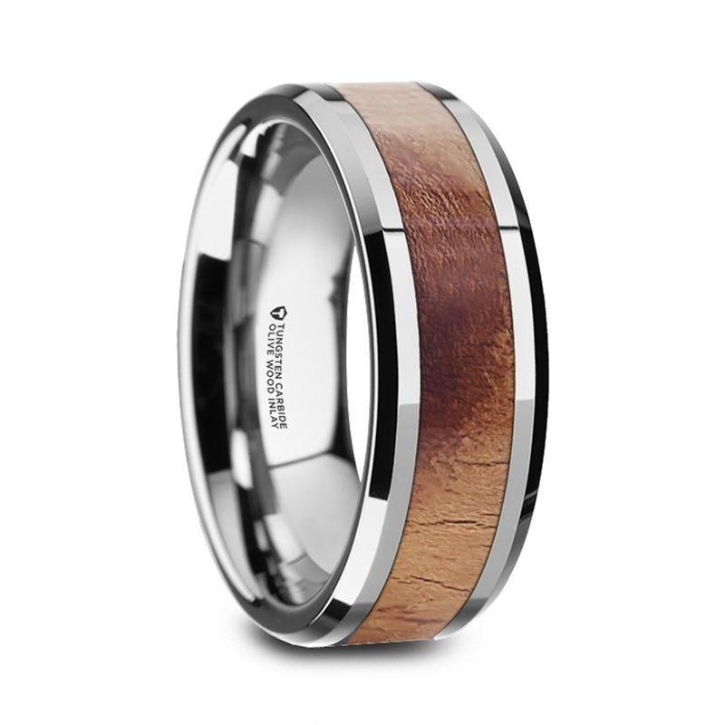 OLLIVANDER Olive Wood Inlaid Tungsten Carbide Ring with Bevels - 6mm & 8mm - Thorsten Rings