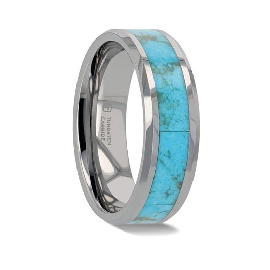 ARIZONA Kingman Turquoise Inlay Tungsten Men's Wedding Band With Beveled Edges - 8mm - Limited Run - Thorsten Rings
