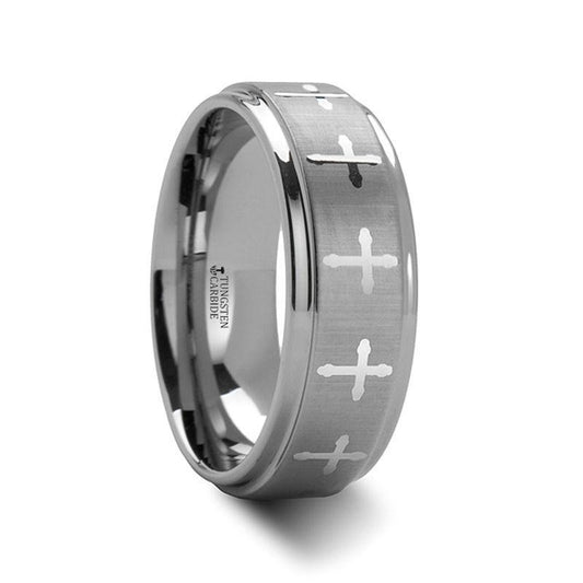 TRINITY Raised Center with Engraved Crosses Men's Tungsten Wedding Band  8mm - Thorsten Rings
