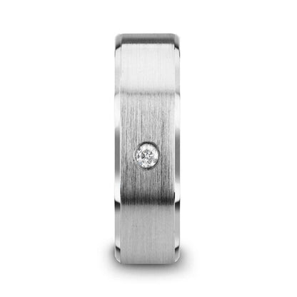 PORTER Brushed Finish Tungsten Carbide Wedding Ring with White Diamond Setting and Beveled Edges- 6 mm & 8 mm