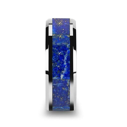OSIAS Men's Polished Tungsten Wedding Band with Blue Lapis Inlay & Beveled Edges - 8mm