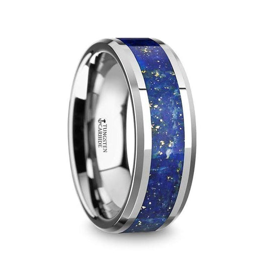 OSIAS Men's Polished Tungsten Wedding Band with Blue Lapis Inlay & Beveled Edges - 8mm - Thorsten Rings