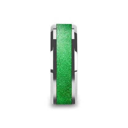 LAWRENCE Tungsten Carbide Bevel Edged Men's Ring with Sparkling Green Inlay - 8mm