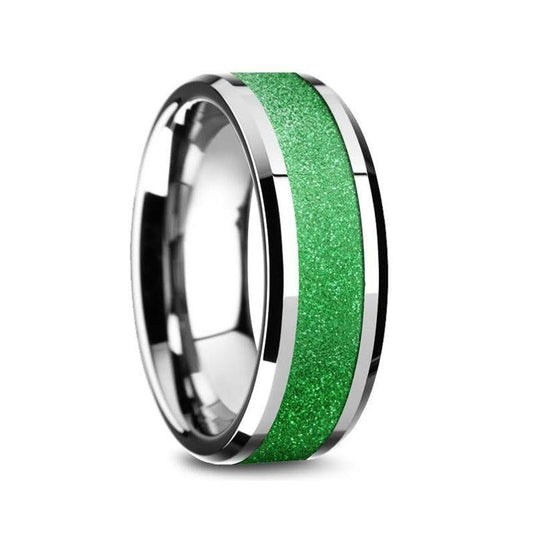 LAWRENCE Tungsten Carbide Bevel Edged Men's Ring with Sparkling Green Inlay - 8mm
